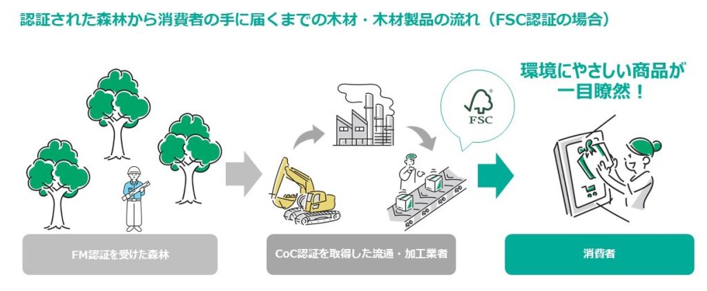 認証された森林から消費者の手に届くまでの木材・木材製品の流れ（FSC認証の場合）